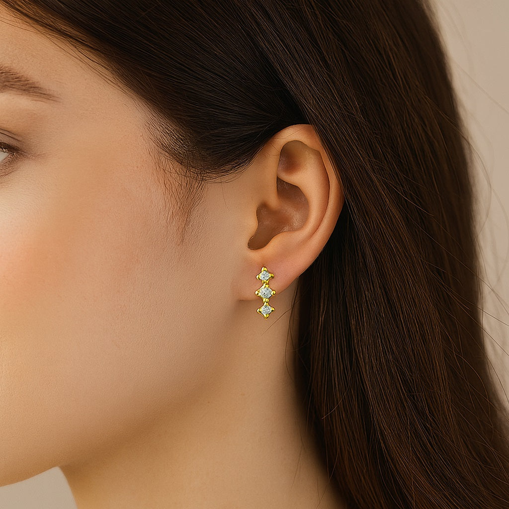 Triple Stone Climber Earrings - 925 Sterling Silver Gold Plated