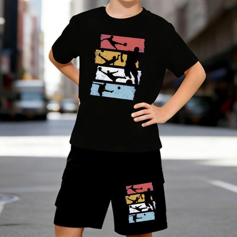 

Boys 2 Piece Football Sports Themed Printed Outfit, Short Sleeve T-Shirt and Shorts Set for Kids Age 5-14,Black , White Sporty Casual Summer Clothes 5-6 Years чёрный