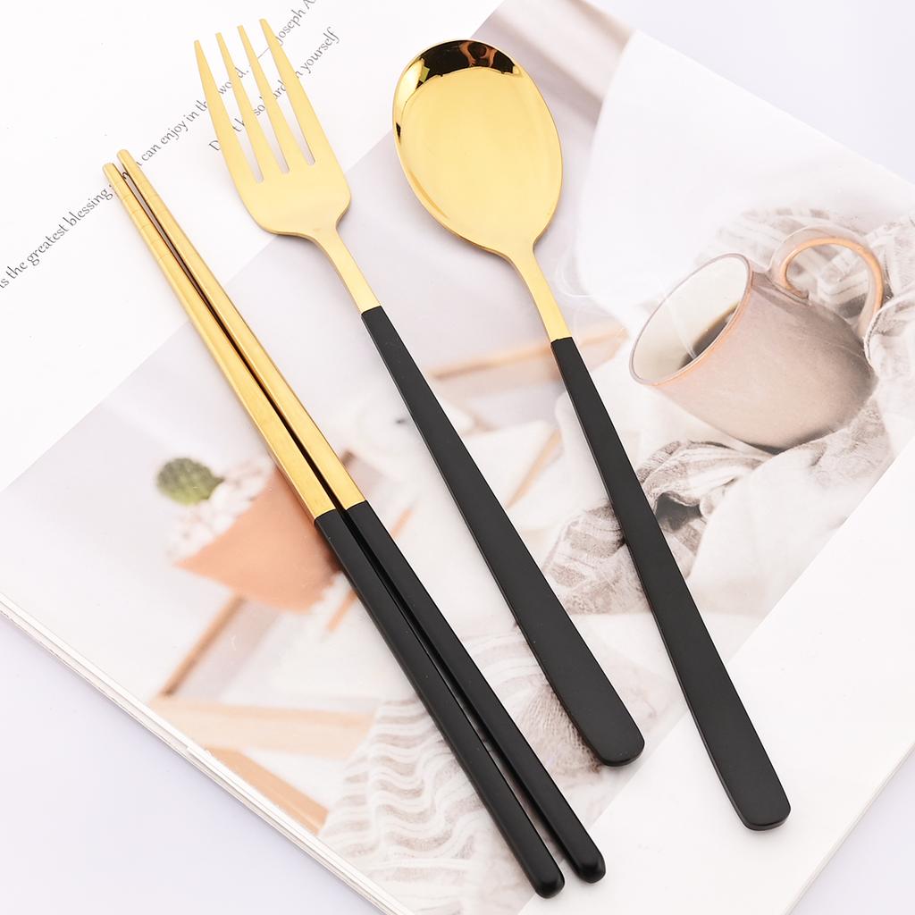 12pcs Colorful Dinnerware Set Korean Style Spoon Non-slip Chopsticks Cutlery Mirror Stainless Steel Flatware Kitchen Tableware