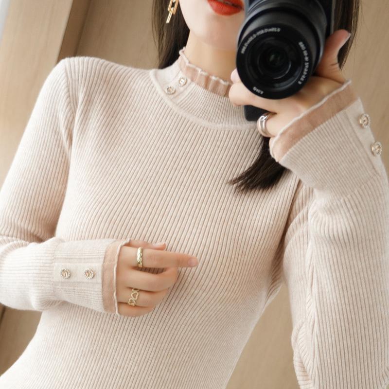 Knitted Sweater Autumn and Winter New Semi High Neck Sweater Women's Pullover Long Sleeved Slim Button Top
