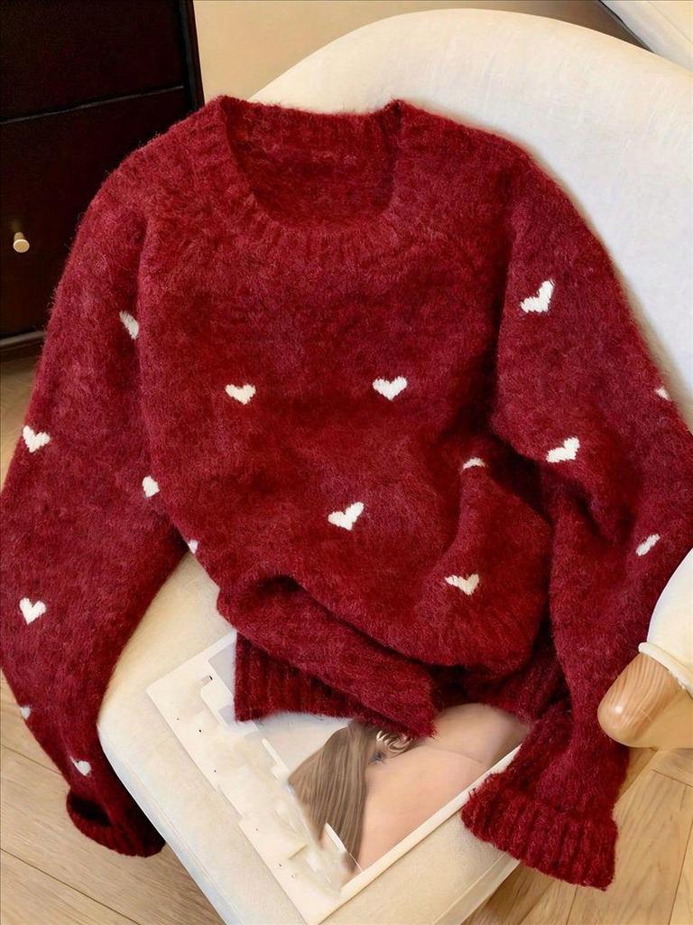 2026 Fall/Winter European & American Women's Heart Pattern Long Sleeve Pullover Sweater