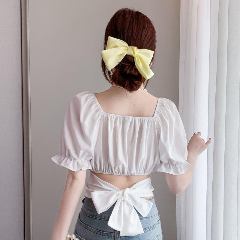 WTEMPO Brand Summer Women's Square Neck Short-sleeved Collar Exposed Collarbone Floral Shirt Design Niche Back Hollow Straps Short Tops