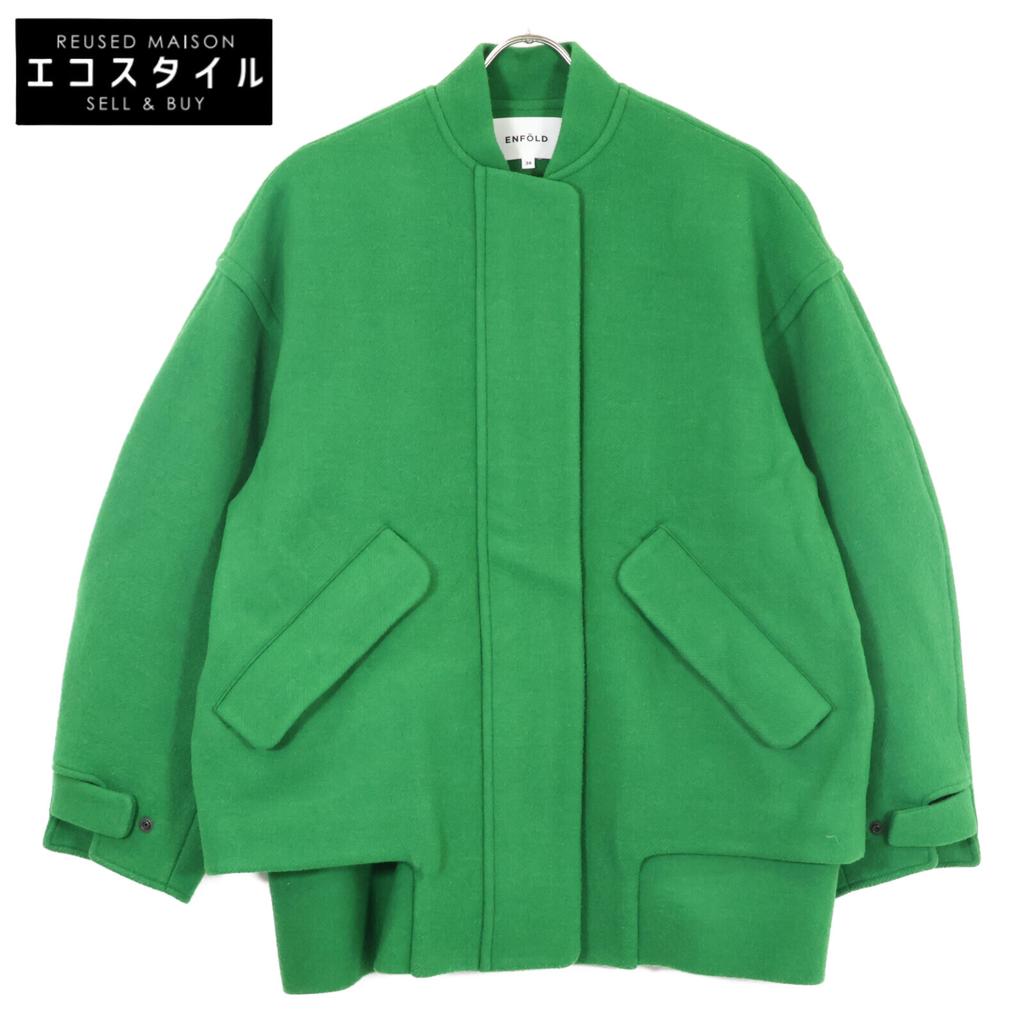 ENFOLD 24AW 300HA130-2920 Green Wool X Nylon Double Melton STADIUM-JUMPER Coat 36 greenUsed