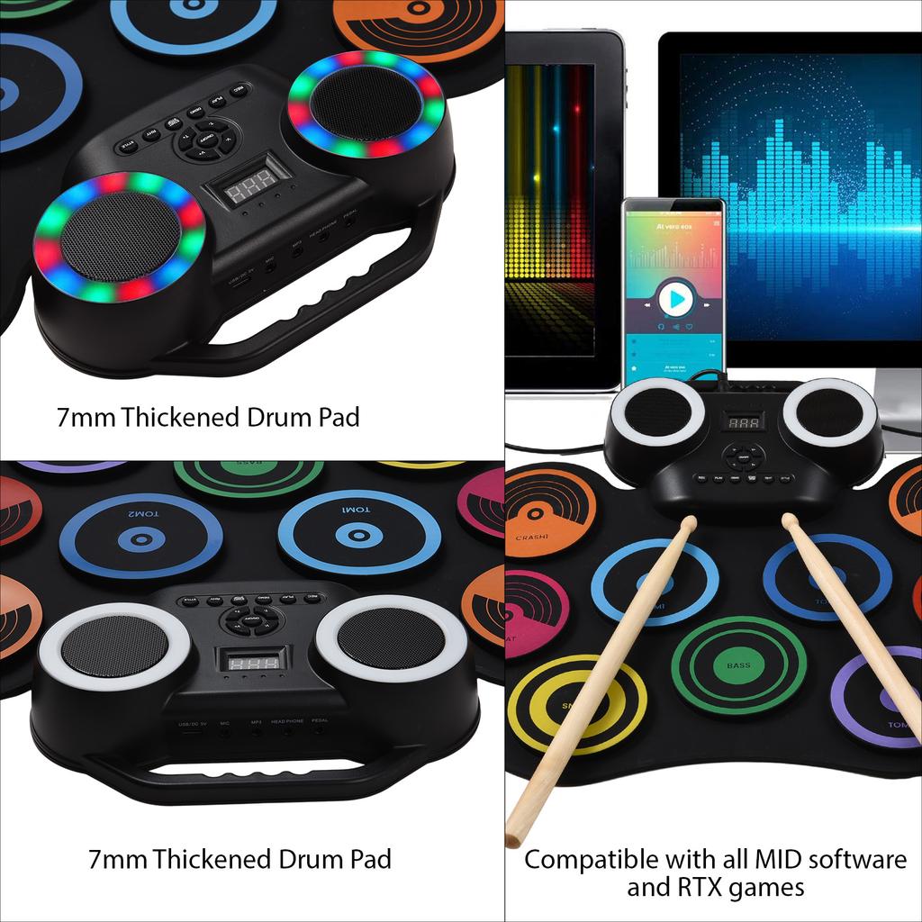 Electric Drum Set Portable Drum Pad Kit 9 Pads Built-in Speaker LED Display Screen Monitoring with