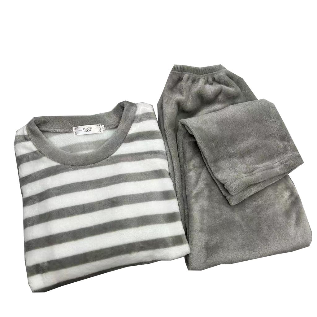 Novo conjunto de pijamas listrados cinza outono inverno para homens, pijamas quentes e macios, mangas compridas, conjunto de 2 peças para dormir