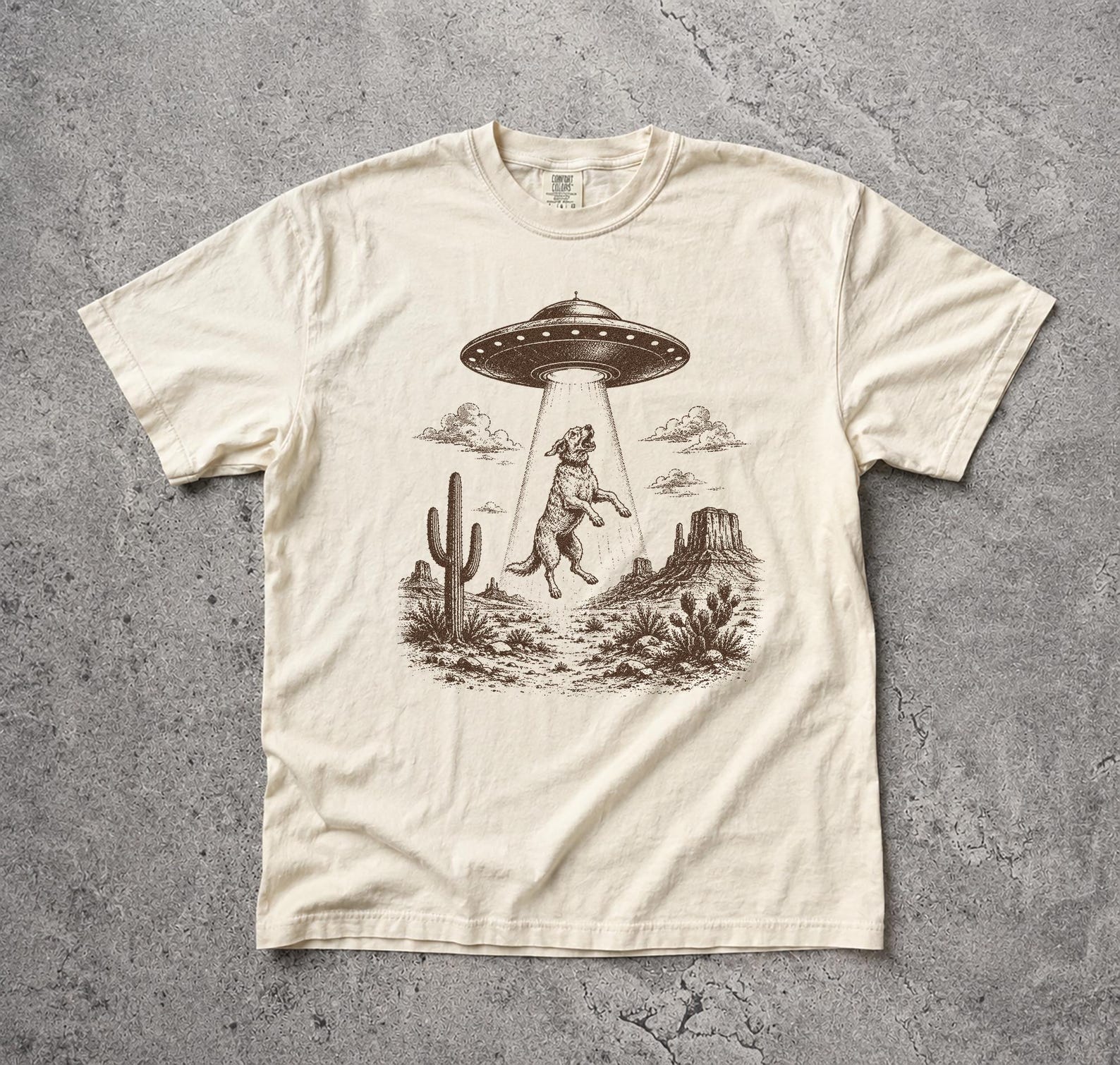 Vintage UFO Dog Abduction Comfort Colors Tee, Retro Desert Sci-Fi Graphic Shirt XL