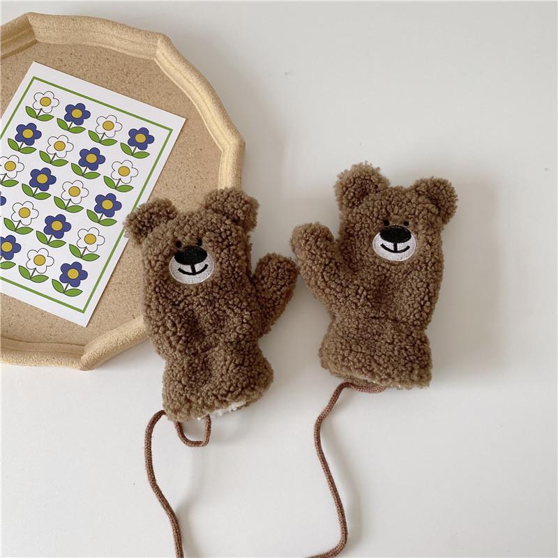 Autumn and Winter Warm Baby Boy and Girl Cross Windproof Gloves Scarf Sherpa Cute Cartoon Children's Kit Plush