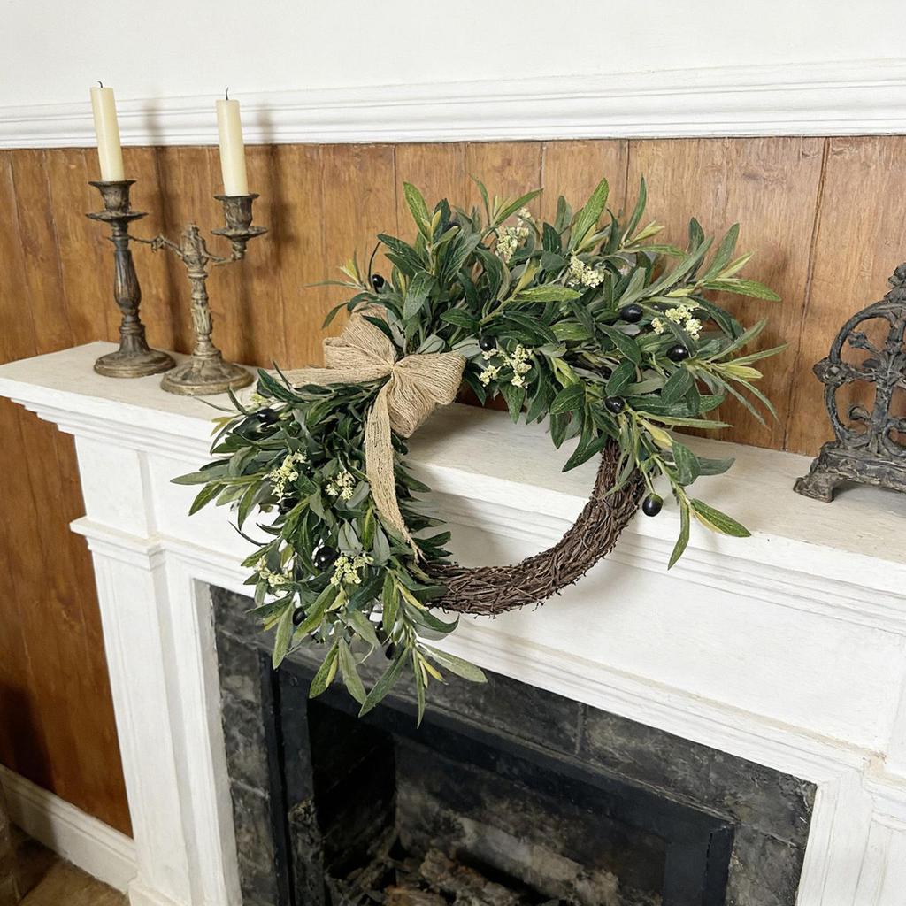 Summer Wreath Olive Leaves UV Resistant Bow Artificial Door Wreath Spring Decor Rustic Realistic Olive Leaves Indoor Outdoor