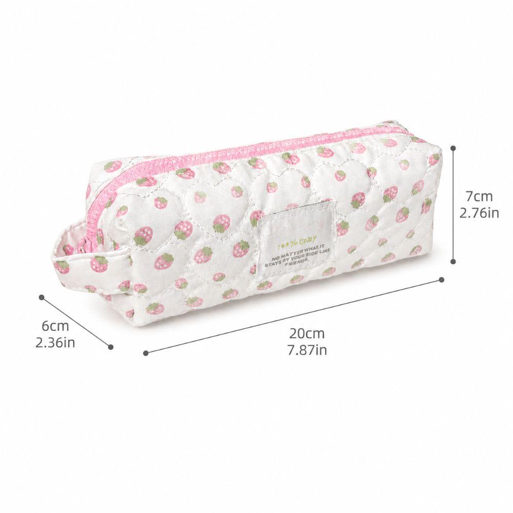 Durable Cream Strawberry Print Pencil Case Large Capacity Handheld Pen Bag Quilted Zipper Stationery Organizer Gift