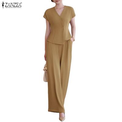 Conjunto de terno casual de duas peças com blusa e calça de manga curta feminina