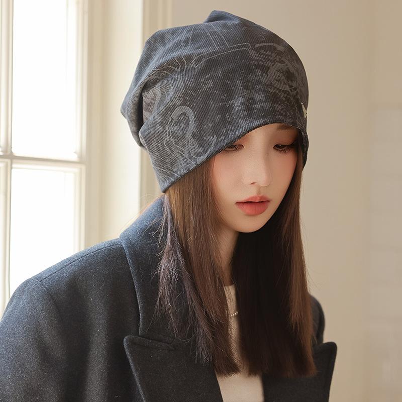 Spring and Autumn New Printed Stacking Hat Windproof Face Small Baotou Hat Warm Cold Hat Casual Versatile Hat Women