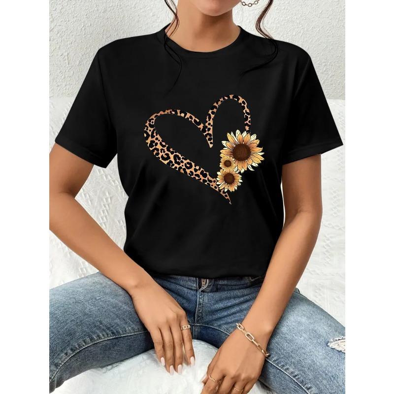 

European Size Valentine s Day Women s Casual Round Neck Short Sleeve T-Shirt, Leopard Print Heart and Flower Design - Perfect Choice 4XL