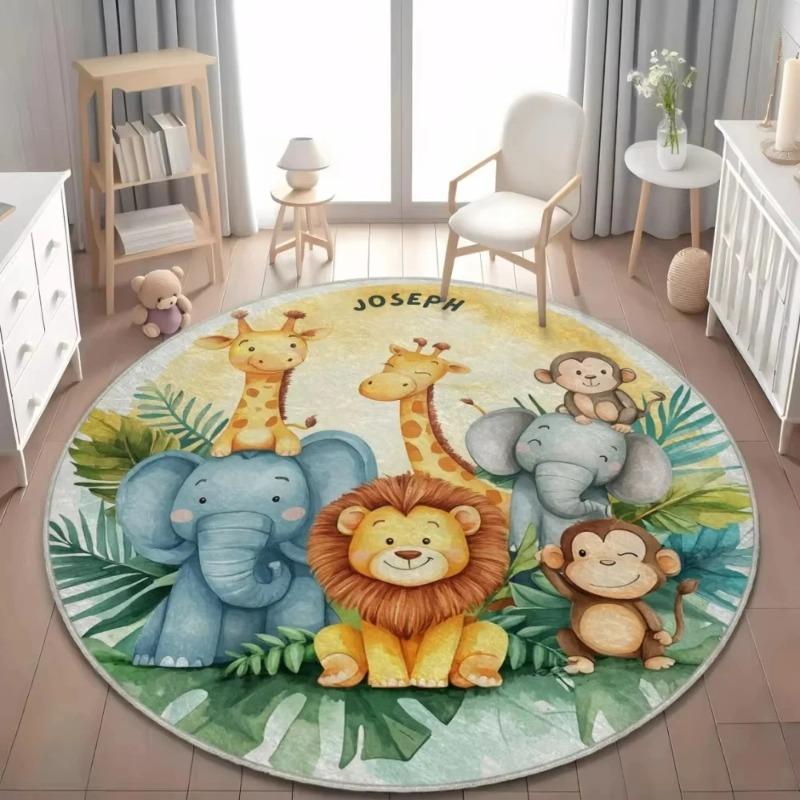 Circular Carpet Zoo Giraffe Elephant Lion Printed Rug Children's Bedroom Bedside Non Slip Foot Mat Home Decoration