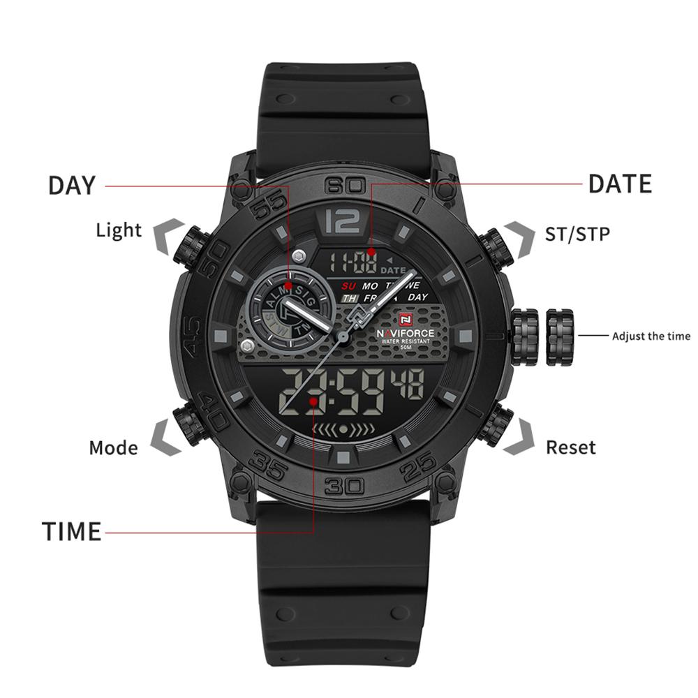 NAVIFORCE Men's Sports Watch Quartz Movement LCD Digital Watch Date Day Chronograph Waterproof Silicone Strap Boys Multifunctional Watch NF6104