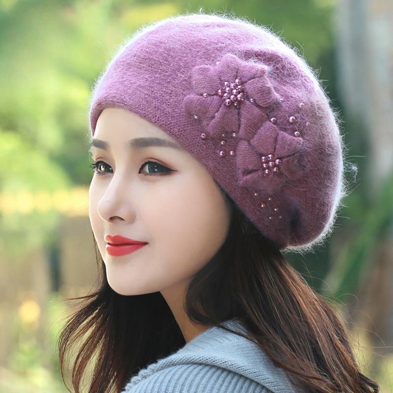 

Женская осенне-зимняя стеганая шапка, новая корейская версия плюшевого теплого берета из кроличьей шерсти с жемчугом One Size фуксия