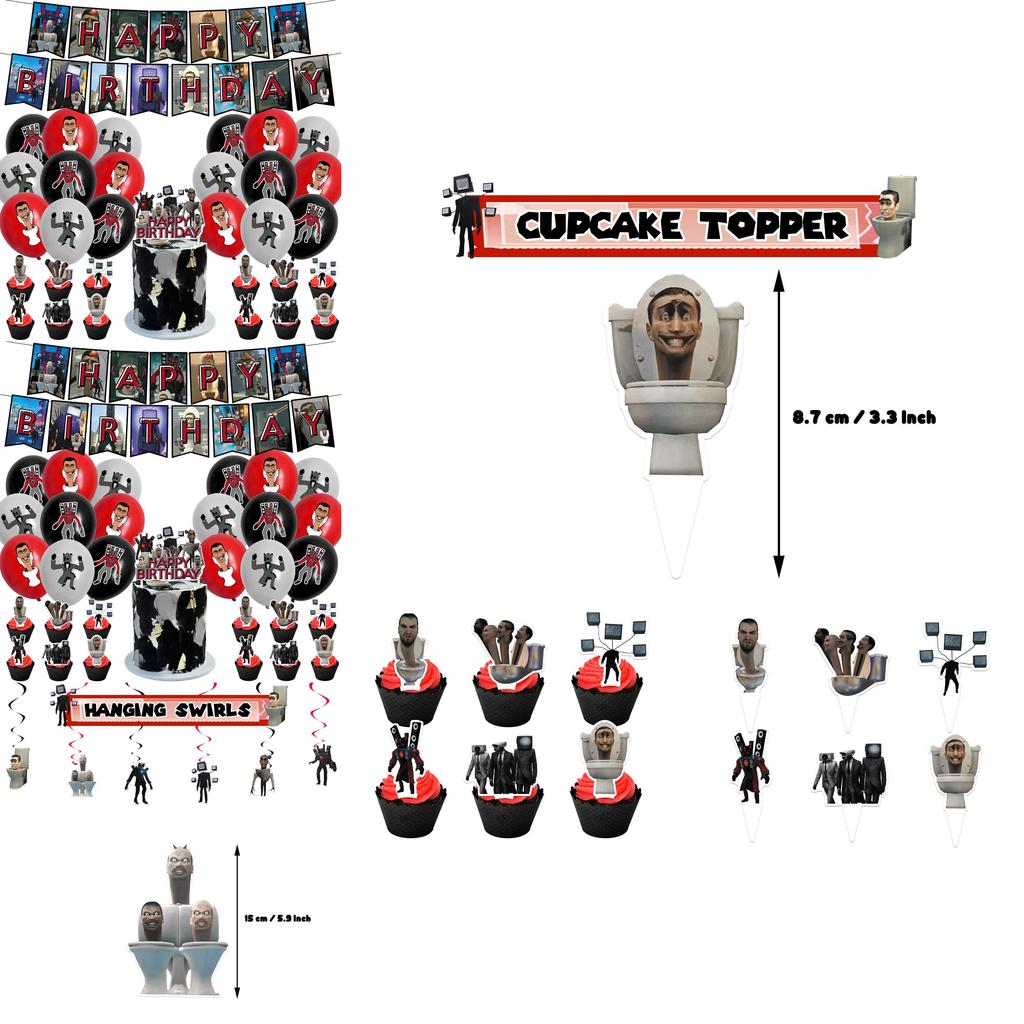 Skibidi Toilet Theme Birthday Party Decoration Kit Monster Birthday Cake Topper Paper Flag Balloons And More!