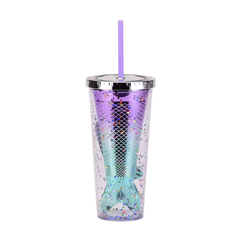 Double Layer Plastic Cup Creative Gradual Change Mermaid Tail Straw Cup Appearance Electroplating Color Sequined Water Cup