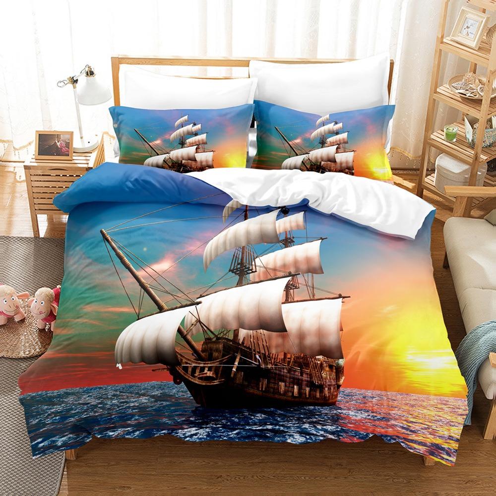 Sailboat Print Duvet Cover and Pillowcase, 2/3Pcs Nautical Bedding Set for Bedroom Decor, Perfect Housewarming Gift