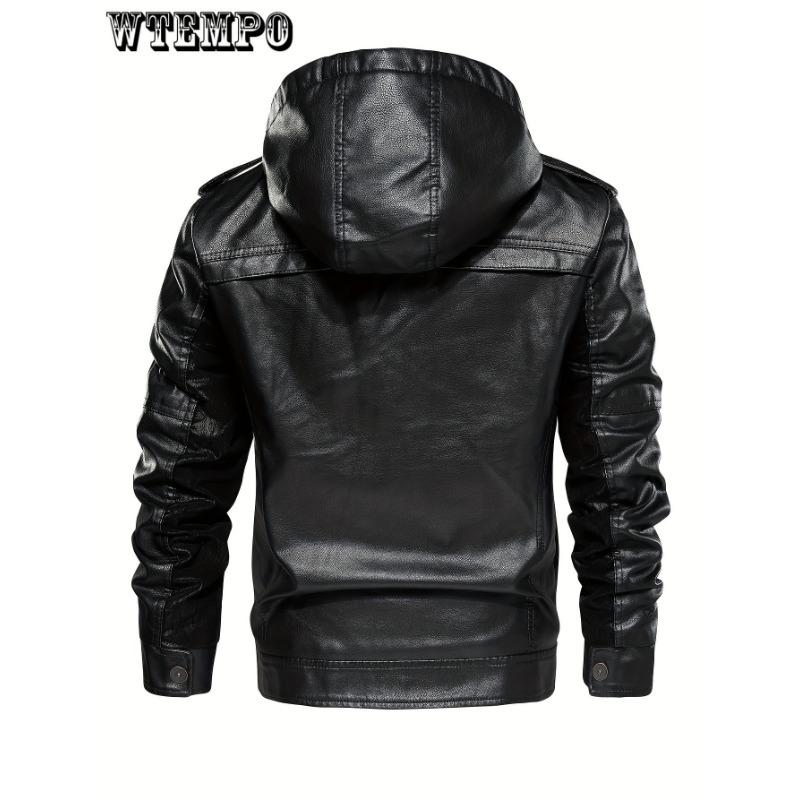 Men's Casual Windproof Faux Leather Jacket with Fleece Lining - Hooded, Zip-Up, Long Sleeve - for Fall/Winter -  Suitable for Outdoor Activities