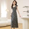French Black Floral Puff Sleeve Camisole Dress for Women - Summer Seaside Vacation Style