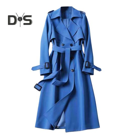 Damen Windjacke Umlegekragen Lockerer Mantel in reiner Farbe Zweireihig Lange Ärmel Gürteldekor Mantel Mittellang mit Taschen Winddicht Lady