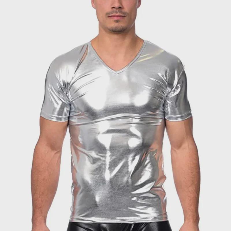Men's Summer Slim Trendy Short-Sleeve Shiny T-Shirt for Nightclubs