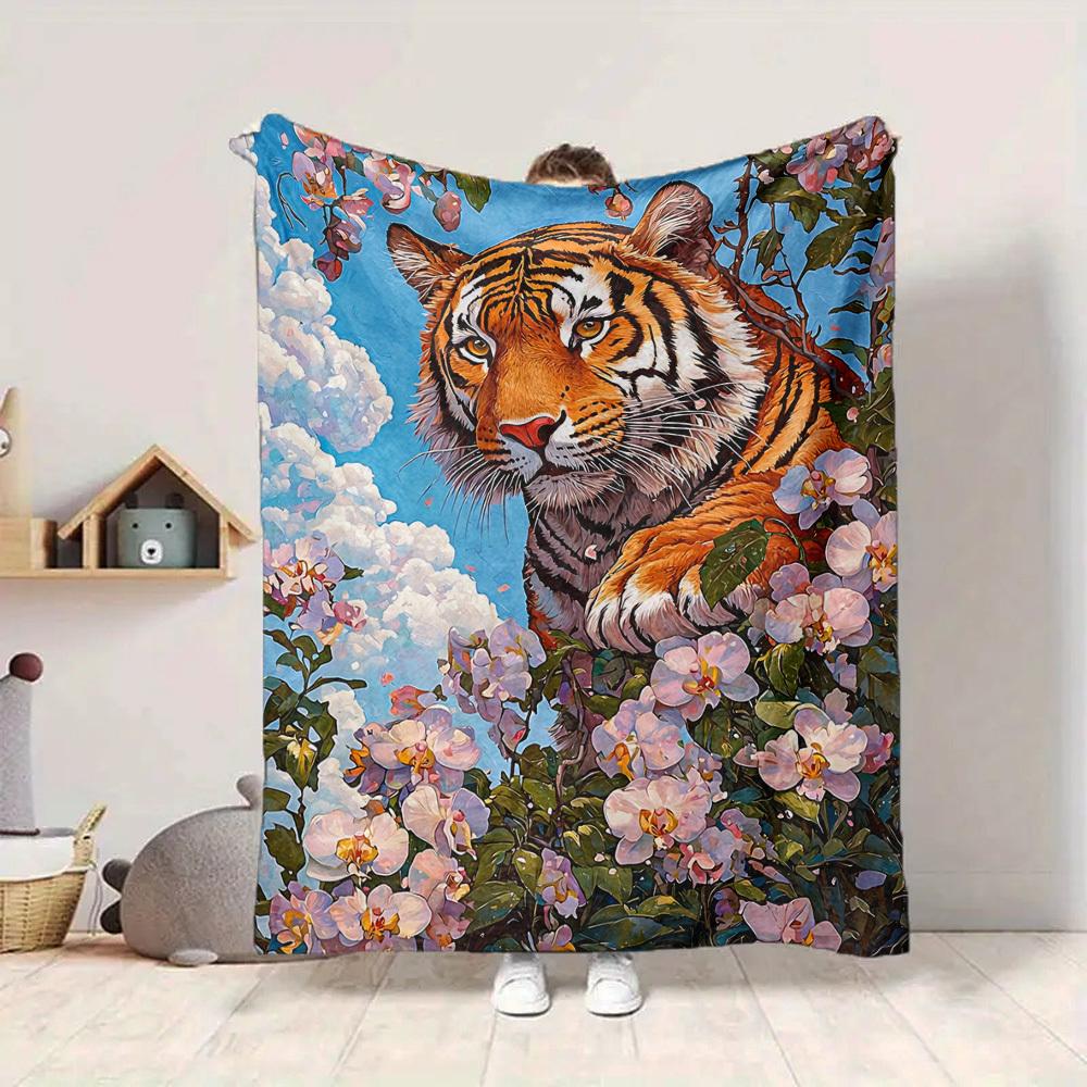 1PC Tiger Floral Print Print Blanket, Soft Throw Blanket - Warm & Cozy for Couch, Bed, Office, and Travel , Christmas present yy250912232