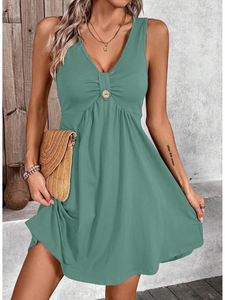 2026 Women's Short Sleeve V-Neck Button Dress - Solid Color Spring/Summer Collection
