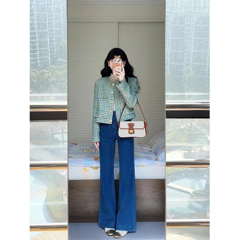 

Женские джинсы с высокой посадкой, эластичные, микро-клеш - Ретро посадка подкова , длиной до пола, стройнящие, для весны и осени 2025 M джинсовый синий