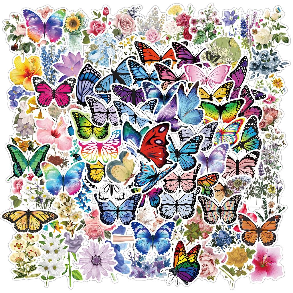 100 Butterfly Flowers and Graffiti Stickers Decorate Motorcycle Suitcase Waterproof Stickers