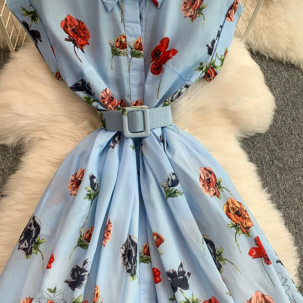 Summer Women Elegant Turn-down Collar Designer Print Long Midi Runway Party Shirt Dresses With Belt