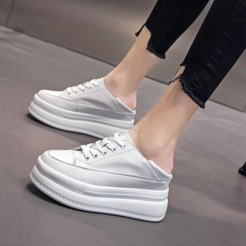New heightening leather little white shoes thick-soled casual versatile little white shoes half-drag sandals small shoes