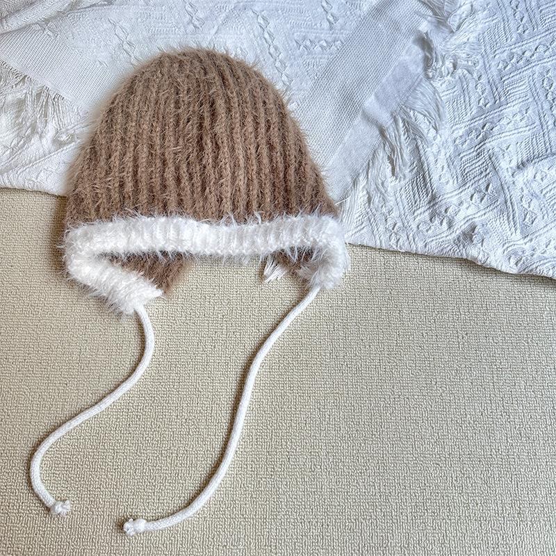Children's Knitted Hat Simple Girl's Warm Pullover Hat Versatile Color Matching Woolen Hat  Strap Ear Protection Hat