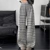 Women's Autumn Winter Fleece Lined Striped Curved Pants High Waist Slim Casual Straight Leg Floor-length Loose Wide-leg Trousers