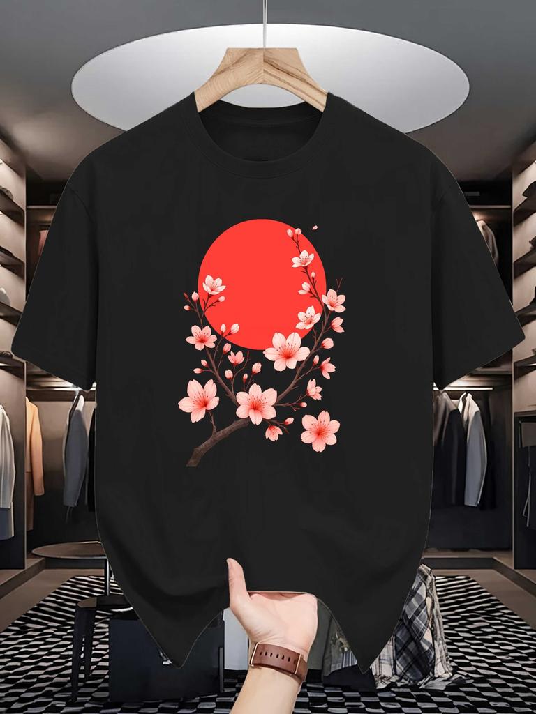 Unisex Yellow Tee Oriental Plum Blossom Floral Sun Graphic Print Crew Neck Short Sleeve Summer Casual Male Cotton Street Top