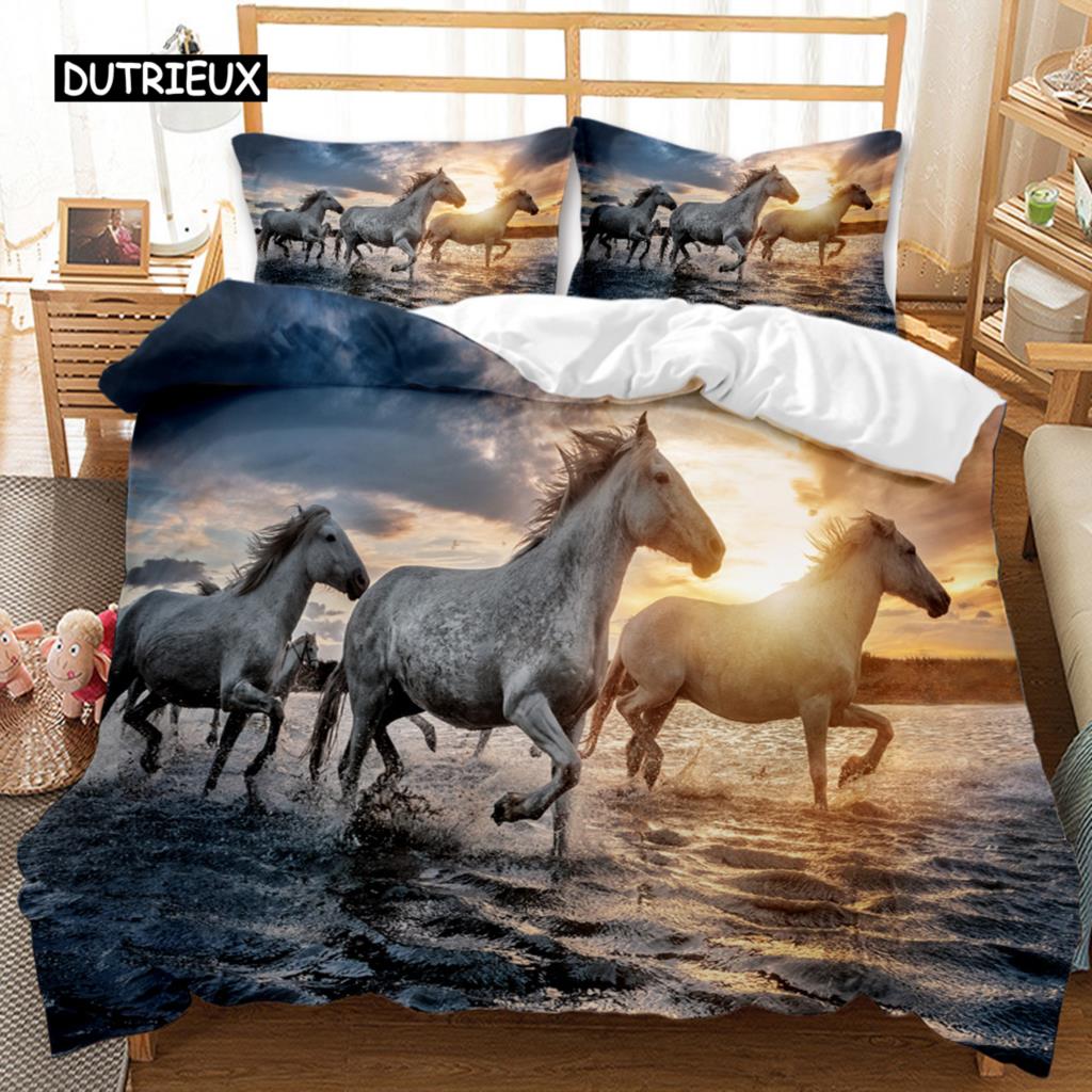 Horse Duvet Cover Set 3D Steed Print Comforter Cover Wildlife Bedding Set Animal Polyester Quilt Cover Double Queen King Size