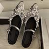 Fashion Baotou flat shoes women's fashion pointed head shallow mouth crystal butterfly knot metal buckle soft sole non-slip slippers