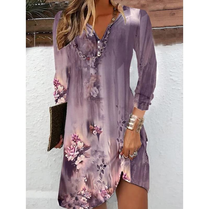 QICED Fashion Autumn Winter Long Sleeve V-Neck Casual Dresses