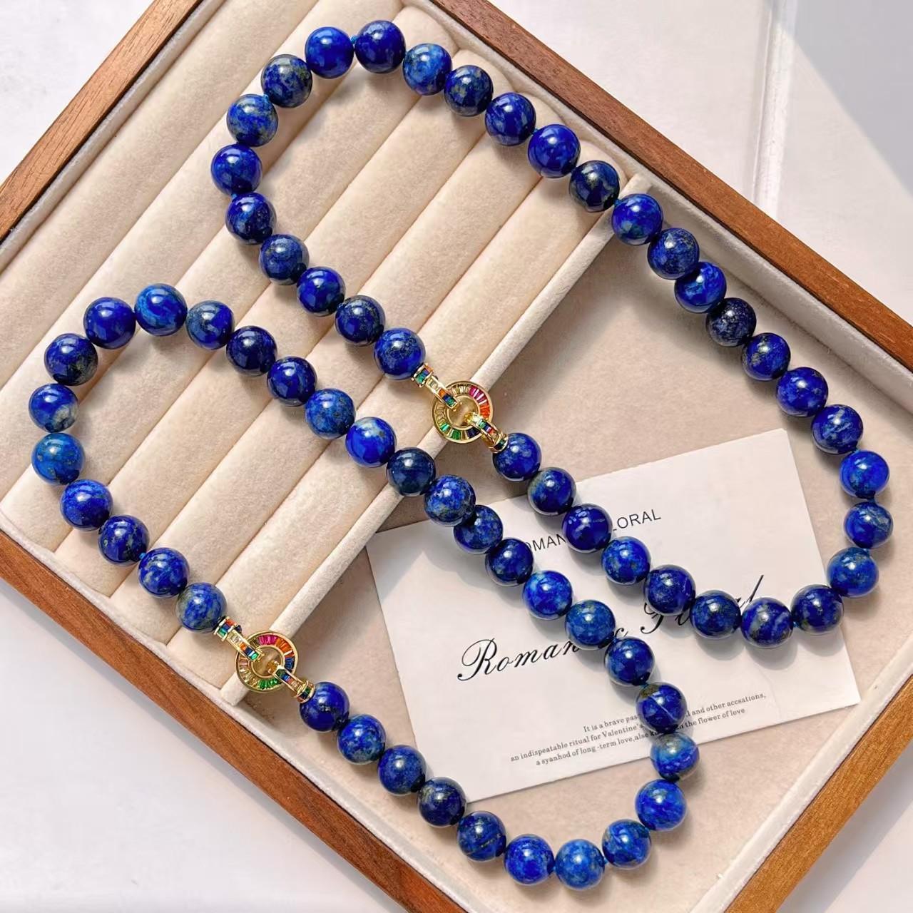 12Mm Vintage Haute Couture High Quality Oil Painting Natural Lapis Lazuli Necklace Female Collarbone Chain
