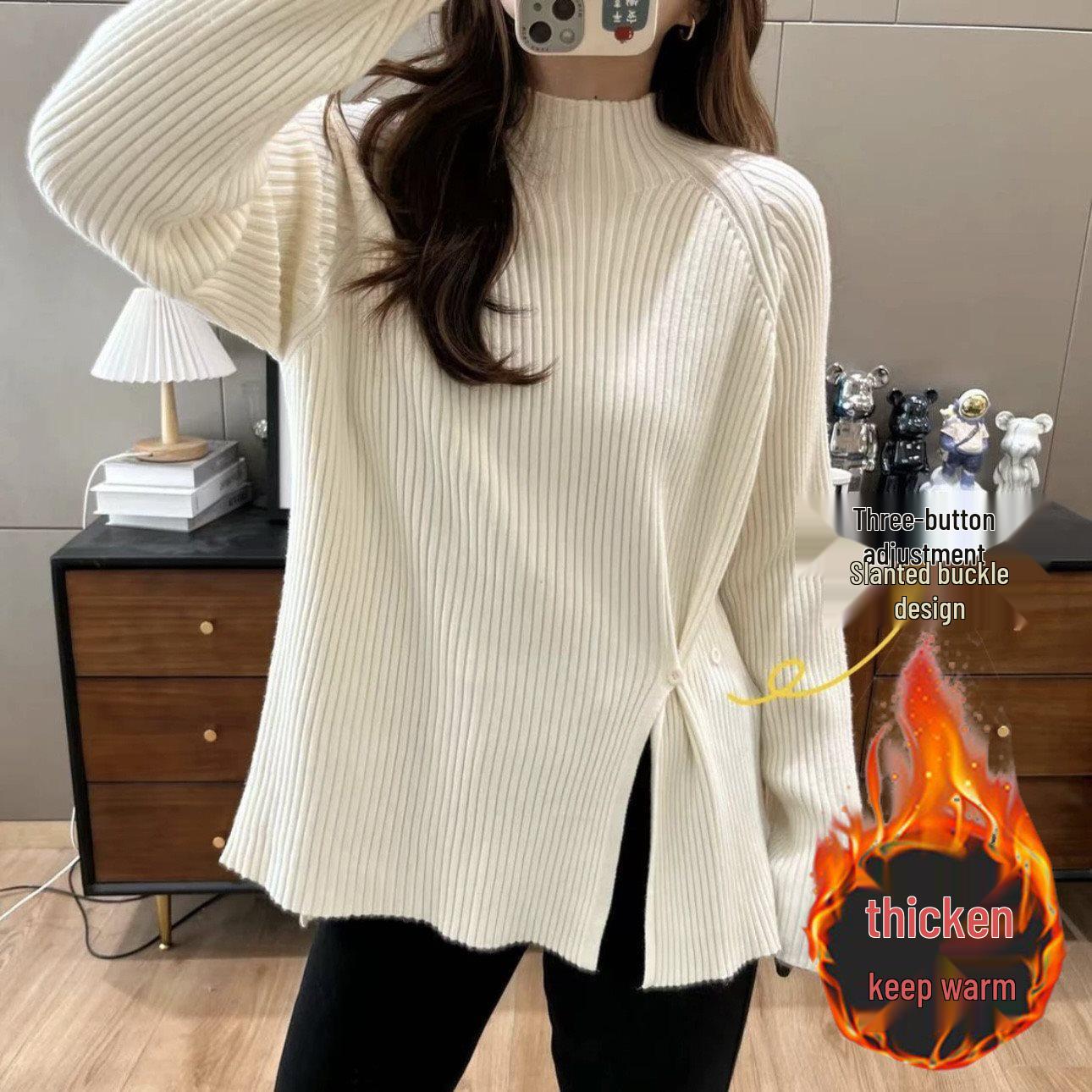 

Plus Size Women s Ribbed Knit Slit Top - Loose Fit, Half-High Neck, Long Sleeve