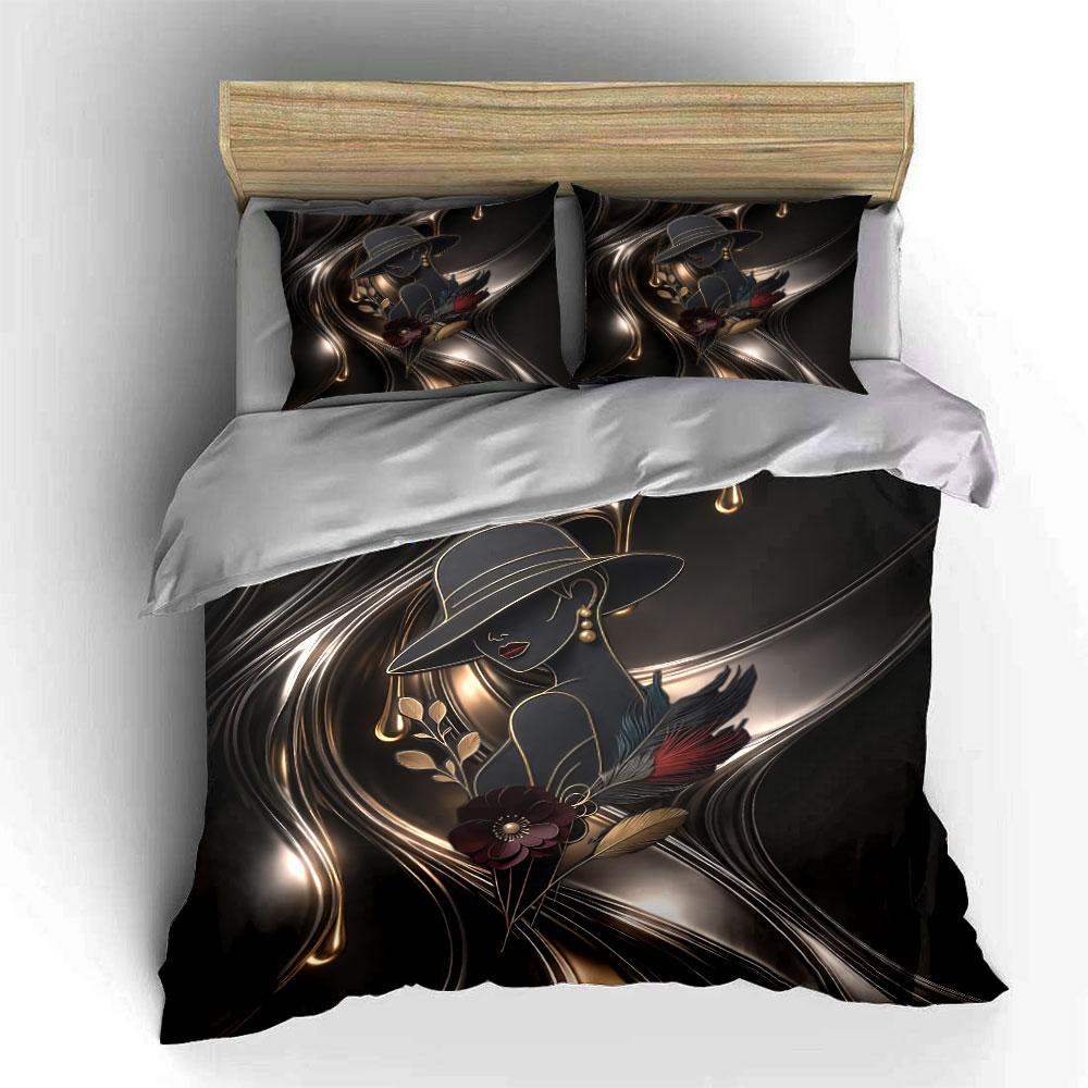 Elegant Lady with Floral Art Bedding Duvet Cover Set Duvet Cover Pillowcases (1*Duvet Cover 2*Pillowcases, Without Duvet Insert)