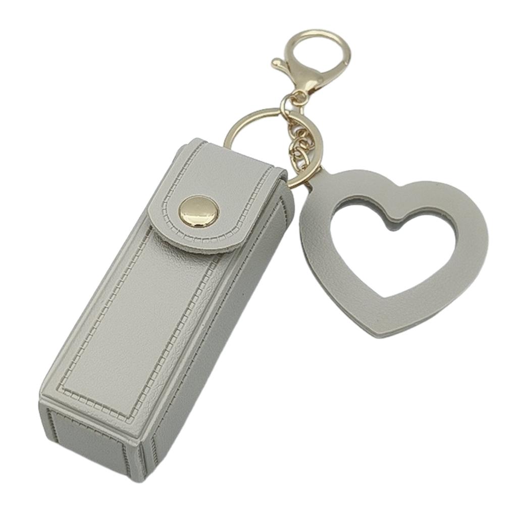 Portable PU Leather Lipstick Holder Keychain With Heart-Shaped Mirror For Women Girls Handbag Charms Accessory Creative Gift