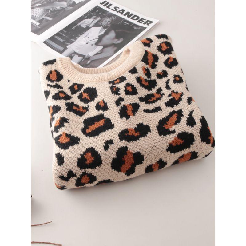 Export round Neck Leopard Print Long Sleeve Knitwear Women's Fall and Winter New Arrival Loose Thick Bottoming Shirt Tops