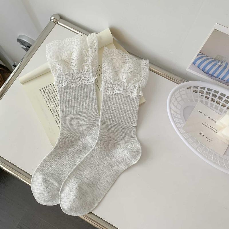 Spring and Autumn Children's Knee-length Lace-trimmed Pile-up Socks, Sweet Long Socks, Simple Style, Pure Cotton Women's Socks, Ballet Style