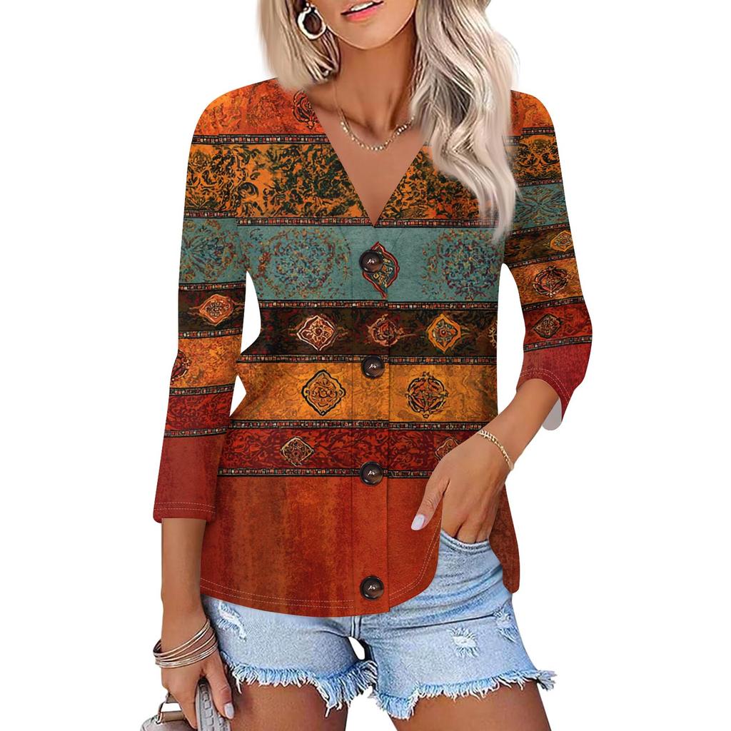 Women's Fashion Casual Printing Button-down Shirt 3/4 Long Sleeve Tops