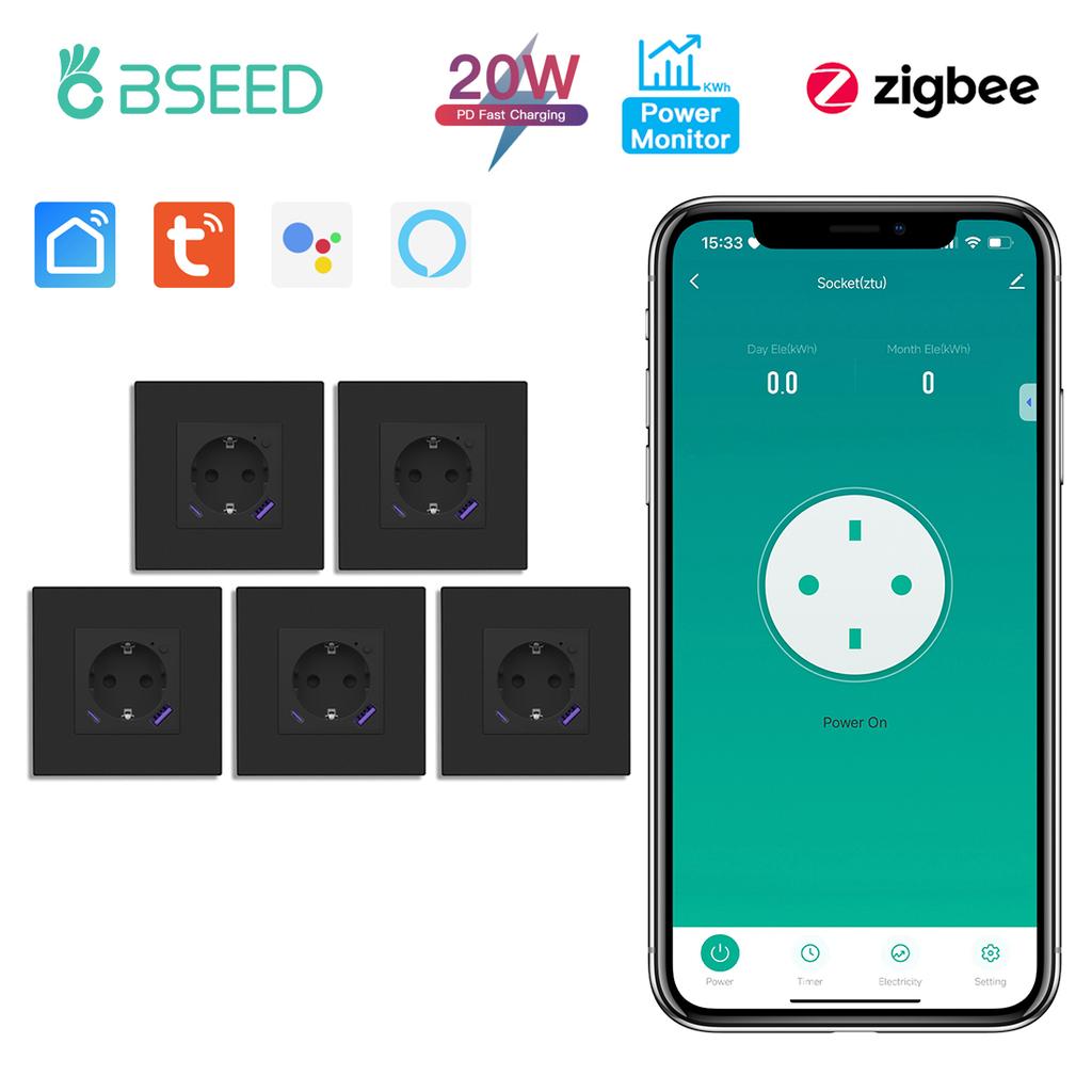 BSEED Zigbee Wall EU Socket Tuya Smart Socket With 20W Type-c USB Power Charging Ports Plastic Matte Frame 1/2/3/4/5/6 Packs