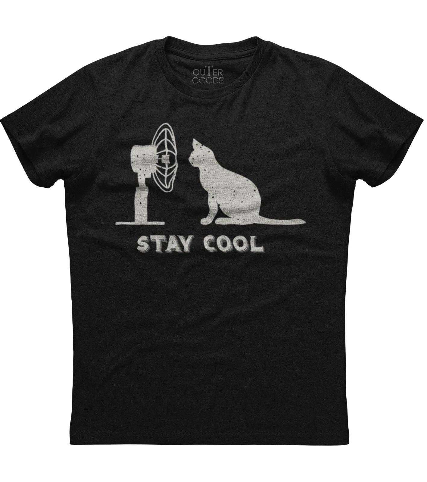 Stay Cool Cat And Fan Printed Mens Short Sleeve New Cotton Black T-shirt 3XL