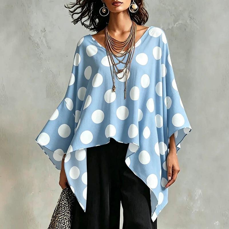 Women Polka Dot Print V Neck Patchwork Loose Casual Blouse Top