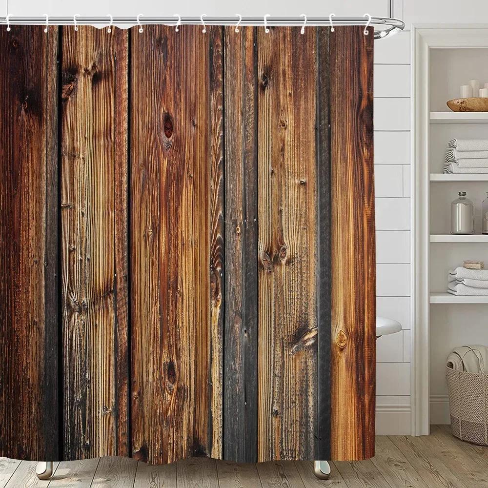 Rustic Wooden Barn Door Decor Shower Curtain For Bathroom Western Country Theme Vintage Rural Farm House Door Bath Curtains Set