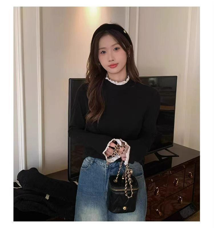 Women's Long Sleeve Fleece Lace Patchwork Slimming Base Layer Top for 2026 Autumn/Winter